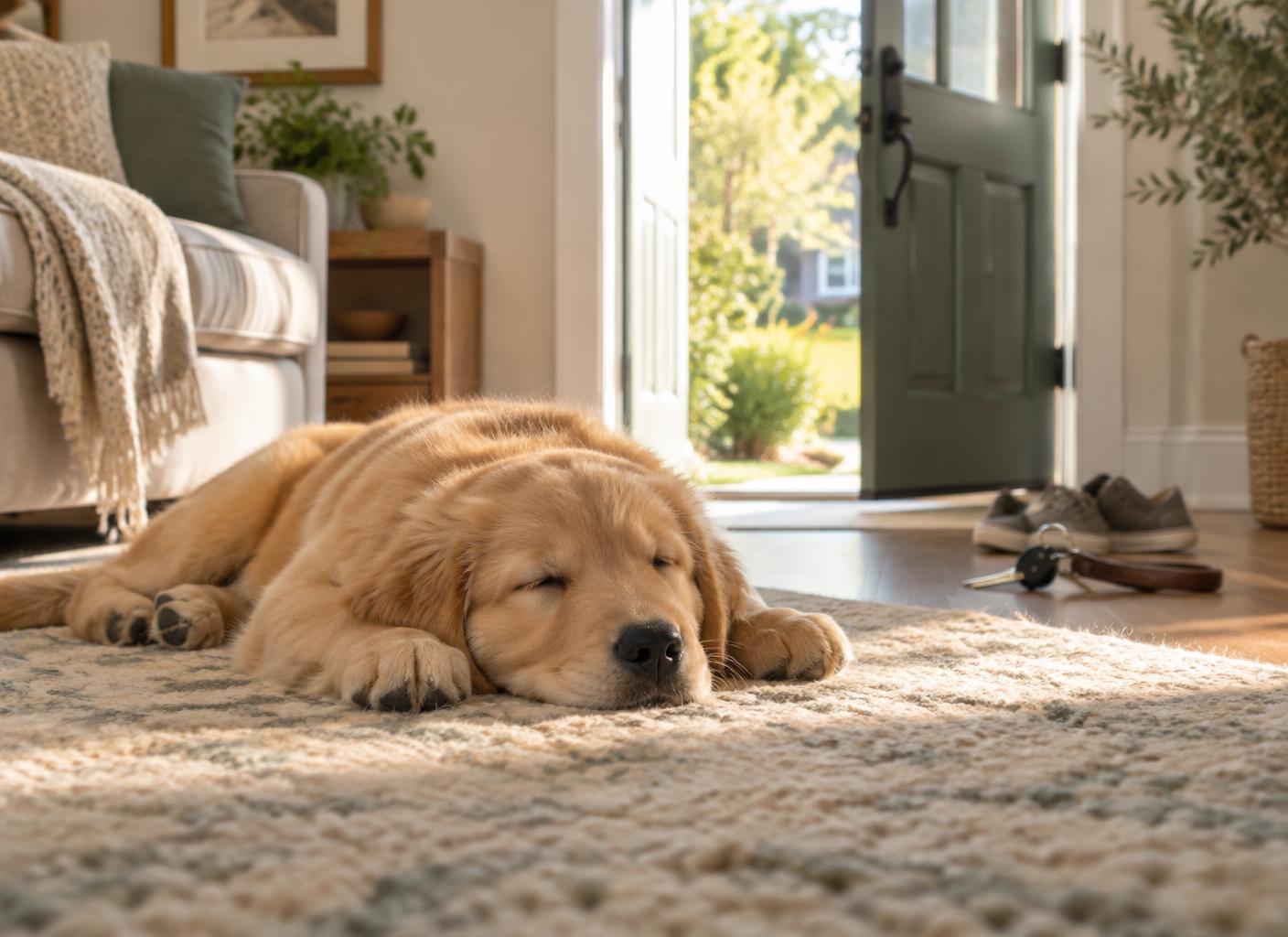 A relaxed puppy sleeping on a living room rug while keys and shoes sit undisturbed by the front door